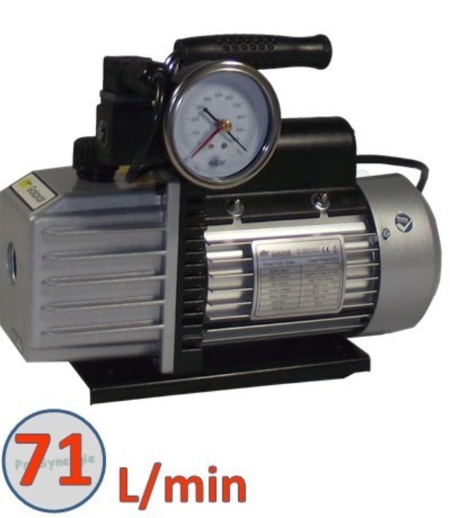 Pompe à vide 2 étages 71l/min avec électrovanne et vacuomètre - Code Usine : 2VP-71-EV (Emballage abimé + légère trace sur la machine)