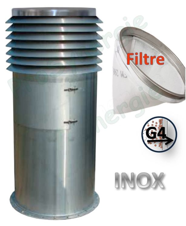 Borne Élégance+ Inox 304, prise d'air d´Aspiration avec trappe de visite et filtre à poche G4 pour échangeurs Puits Canadien ou Provençal raccordement Ø 465 à 920 mm