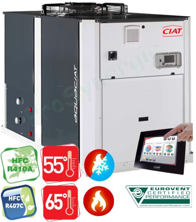 Pompe à Chaleur Aquaciat ILD 0390R-A réversible (Inverter Groupe d´eau glacée R32) 400V 84A - Pc 105KW (30/35°C à 7°C) Pf 100KW (7/12°C à 35°C) - 2258x2125x1330mm 818Kg