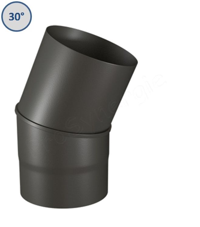 Coude 30° Acier émaillé noir mat, Ø 125 mm pour tuyau de poêle Standard, 2 coudes = dévoiement 9 cm, hauteur utile 35 cm