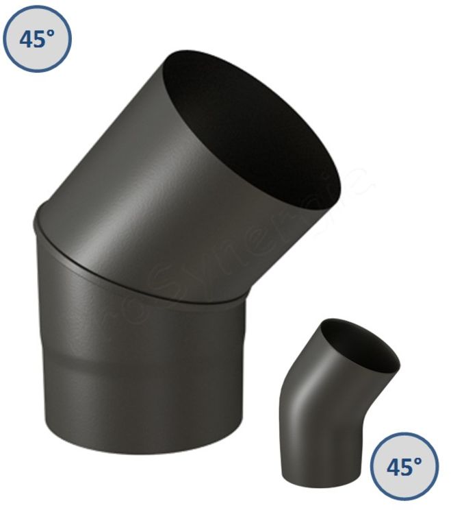 Coude 45° Acier émaillé noir mat, Ø 153 mm pour tuyau de poêle Standard, 2 coudes = dévoiement 13 cm, hauteur utile 31 cm