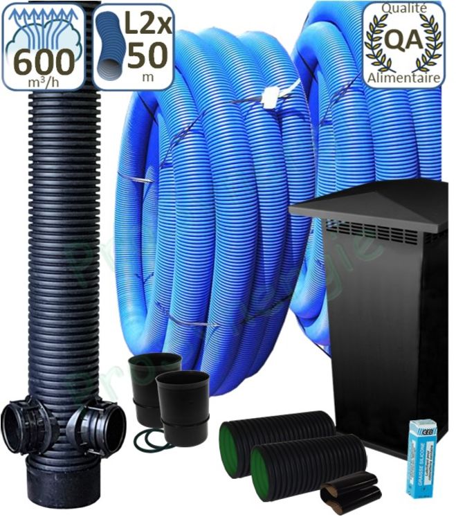 Kit Eco 600m3/h puits canadien (géothermie puits provençal) prise d´air standard Ø300mm et regard standard - 2 x Echangeur 50 mètres