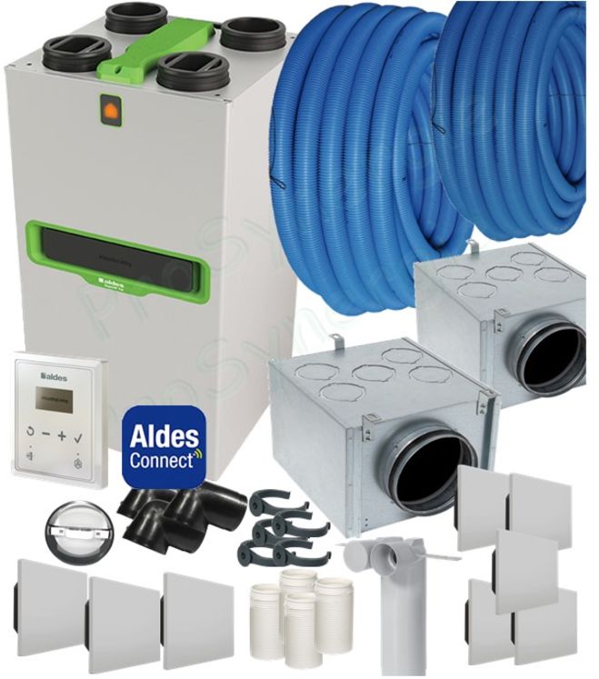 Kit Ventilation Double flux Aldes InspirAIR® Top 300 Prémium + Télécommande + ensemble 3+5 bouches + 2 répartiteurs + Flexigaine 2x 50m Ø75mm