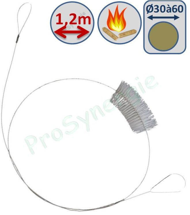 Goupillon Brosse Ronde pour poêle à pellets - Fil Polyamide 0,14 -  Ø 30 à 60 mm - Lg garnissage 75 mm - Fil de tige 1 - Lg de tige 120 cm