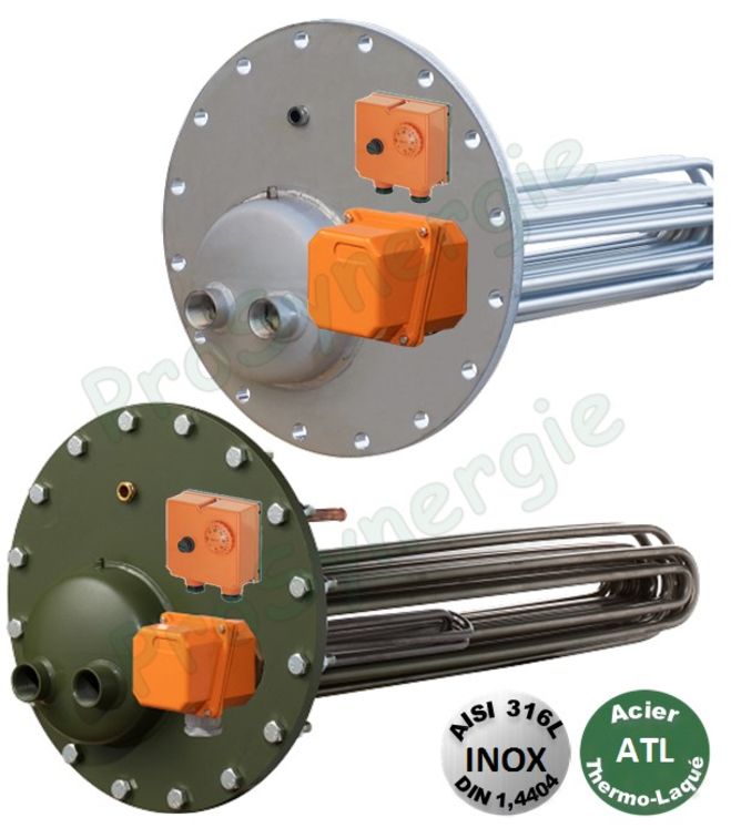 Kit réchauffeur mixte bride Inox 316L T<95°C DN 400 : Thermoplongeur 230/400V TRI 15KW (prévoir discontacteur puissance) + Réchauffeur tubulaire 37KW (primaire 90/70°C secondaire 10/60°C