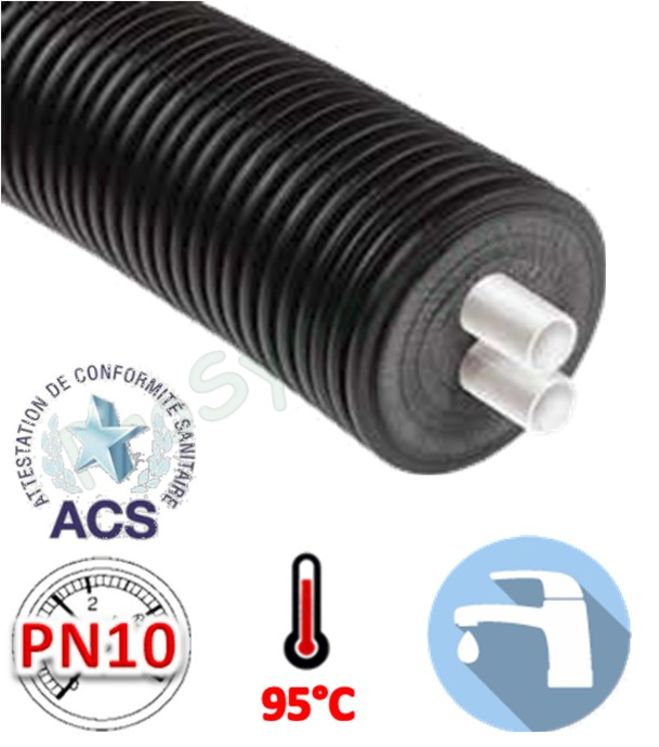 Mètre de Tube double flexible pré-isolé (à enterrer) Sanitaire PN10 - Ø 32x4,4mm (DN25) + Ø 25x3.5mm (DN20) - Øext. Gaine avec Isolation 160mm