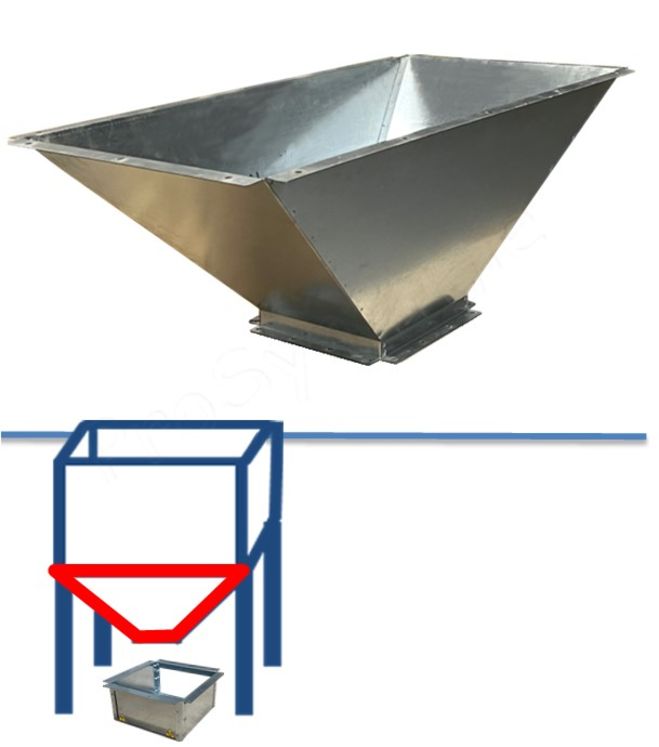 Trémie 90F - Avaloir de granulés (pellets) 90 litres acier galvanisé (LxPxH = 1060x560x400mm) pour cassette de transfert (vis ou pneumatique) section 262x262mm