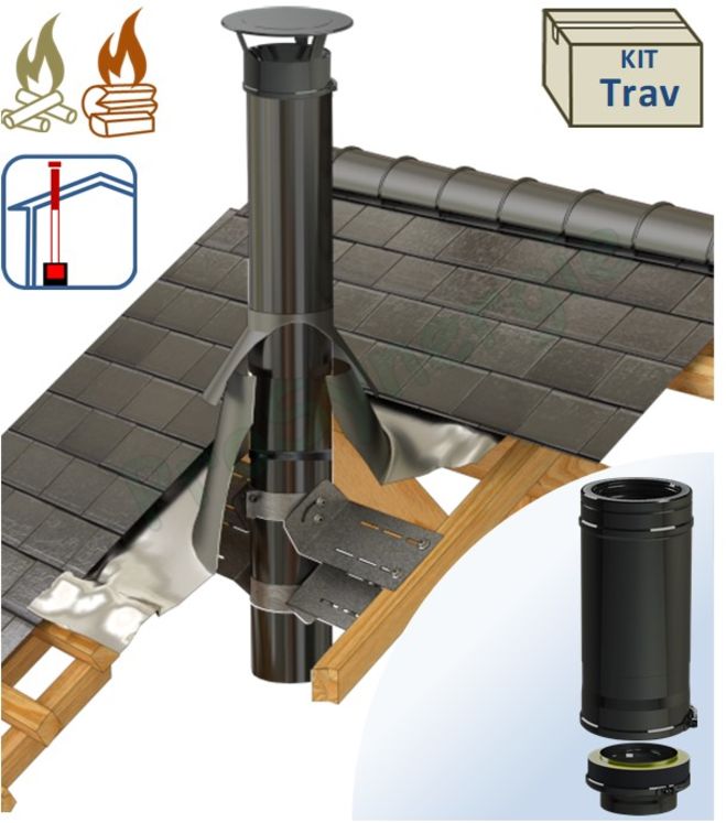 Kit S/Rampant - Conduit cheminée Isolé (Duoten) hauteur utile 1,4 mètres Int./Ext. = Inox 304 / (I 304 ou Galva) laqué noir (RAL9005) - Øint/ext 100/150mm