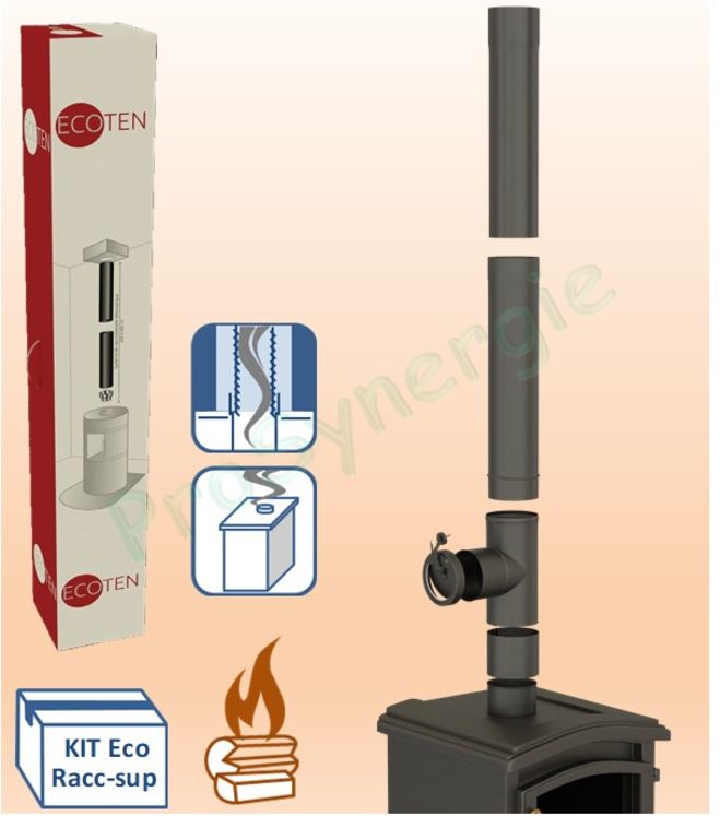 Kit raccordement Email Noir Mat télescopique (hauteur réglable de 1.28 à 2.04 mètres) dessus de poêle Ø 153 mm sur conduit existant plafond avec limiteur de tirage