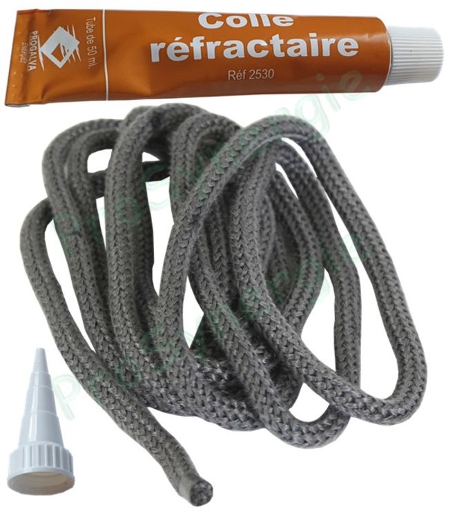 Kit joint d'étancheité tressé ronde fibre de verre Ø 10mm longueur 3 mètres + Tube 50 ml de colle réfractaire