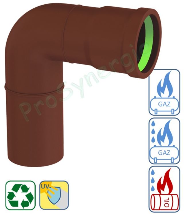 Coude 87° pour conduit de fumées rigide Technaflon PVDF avec joint viton longueur partie mâle 10 ou 30 cm, Ø 75 à 250 mm