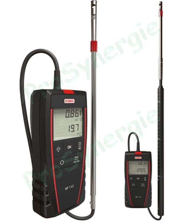 Thermo-Anémomètre VT 110 S ou 115 S à fil chaud  portable sonde inox déportée Ø 8 mm longueur 300 mm ou télescopique 1m - 0,15 à 30 m/s et 0 à +50°C