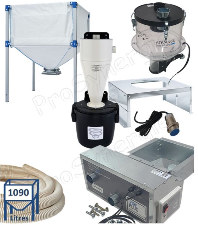 Kit Pod+ Compact - Transfert pneumatique (granulé / pellet) cassette aspirante avec contrôleur + doseur avec console U, silo textile 1090 litres avec vanne d'isolement et 10 mètres de tuyau de liaison + séparateur à poussière et capteur niveau