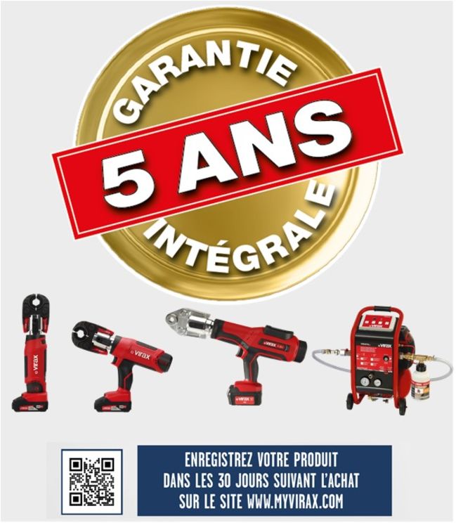 Garantie 5 ans pour les sertisseuses M2X, L2X, P25 et désemboueuses Virafal (pour un achat du 01/01/25 au 31/08/25) - Conditions sur www.myvirax.com